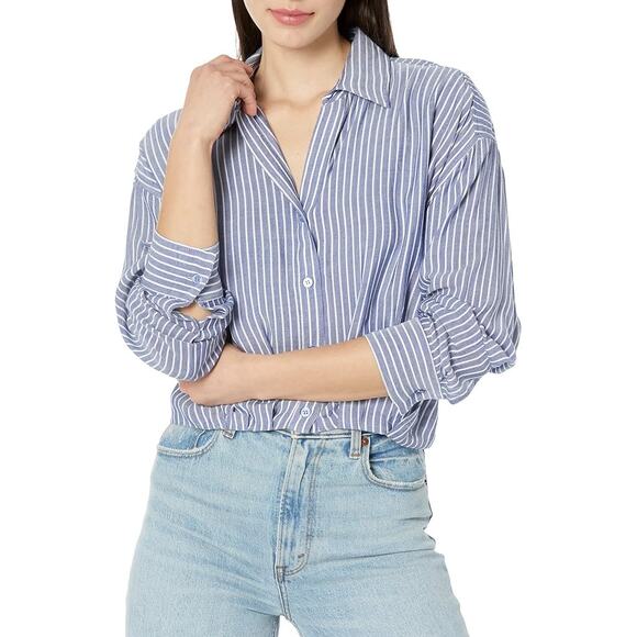 Kut from the Kloth Large Angelou striped button down crop boyfriend shirt preppy - Picture 1 of 6